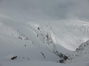Banana Gully, Glas Maol: Caenlochan: Steve Clark entering Banana Gully slightly to skiers left of the gully line Photo: Scott Muir