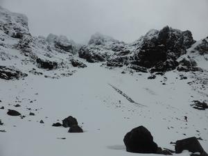 The Great Stone Shoot, Coire Lagan, Skye: On skins below the gully Photo: Scott Muir