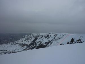 North side of the promontory, Beinn a'Bhuird: Coire nan Clach: Looking south across Coire nan Clach, with the start of the run to the north of the promontory marked. Photo: Scott Muir